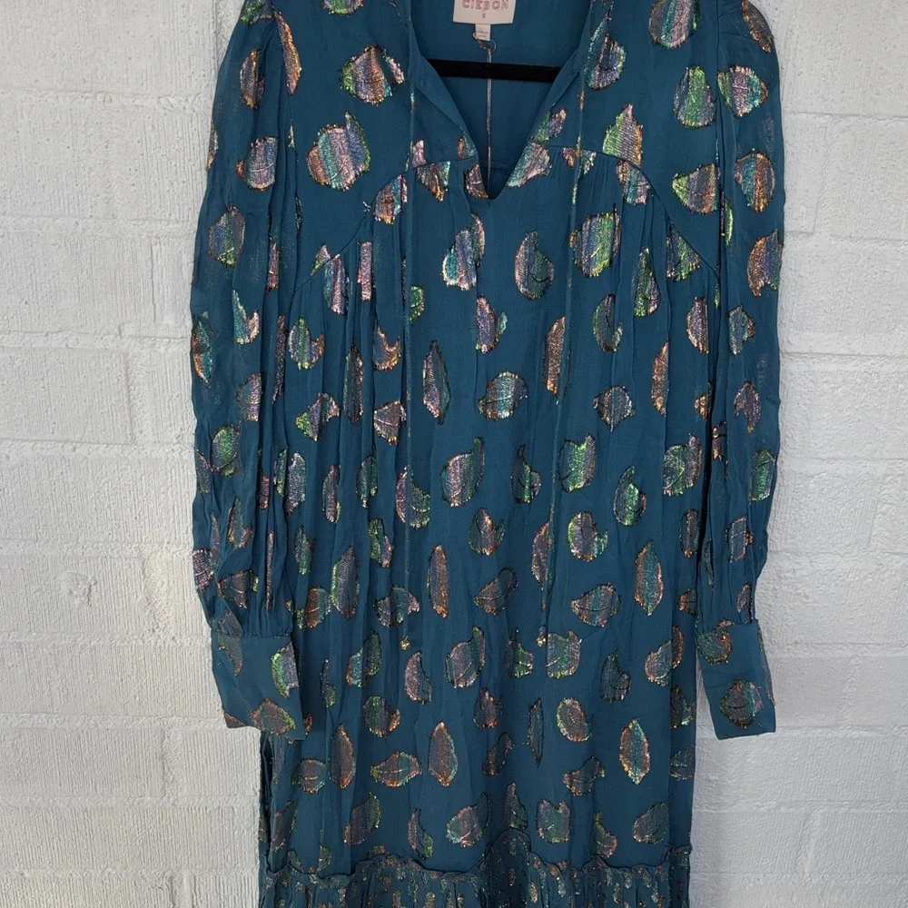 Ciebon Metallic Leaf Belted Teal Long Sleeve Maxi Dress sz S